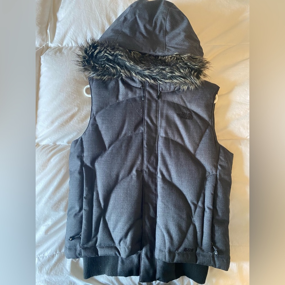 Women’s Gray North Face Down Feather Vest with Fur Hood Size Medium
